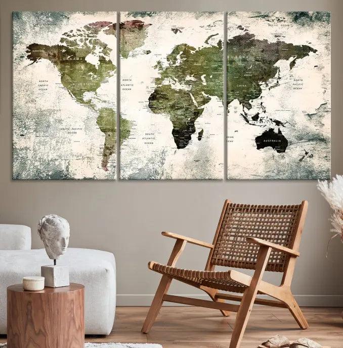 The World Map PUSH Pin Canvas Print, featuring a three-panel design on museum-quality polycotton canvas with a UV-protective coating, enhances the modern living room.