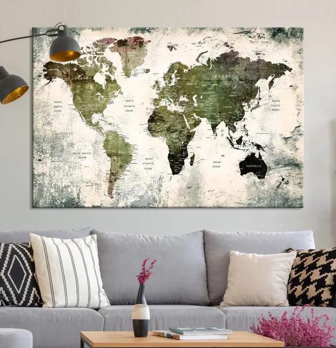 The World Map PUSH Pin Canvas Print, featuring a three-panel design on museum-quality polycotton canvas with a UV-protective coating, enhances the modern living room.