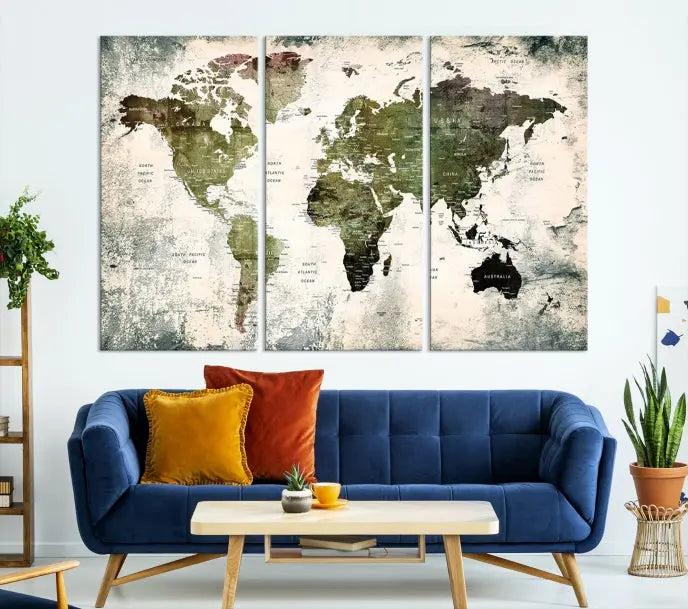 The World Map PUSH Pin Canvas Print, featuring a three-panel design on museum-quality polycotton canvas with a UV-protective coating, enhances the modern living room.