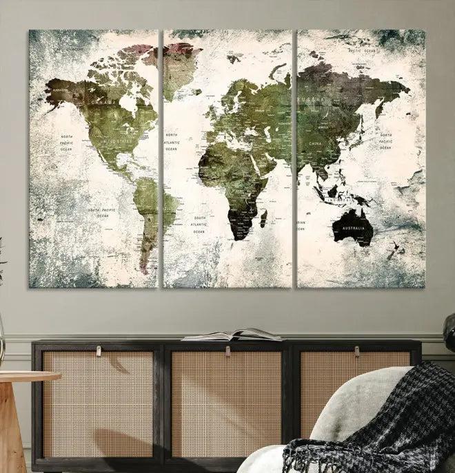 The World Map PUSH Pin Canvas Print, featuring a three-panel design on museum-quality polycotton canvas with a UV-protective coating, enhances the modern living room.