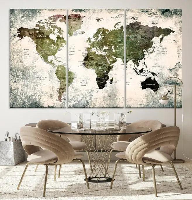 The World Map PUSH Pin Canvas Print, featuring a three-panel design on museum-quality polycotton canvas with a UV-protective coating, enhances the modern living room.