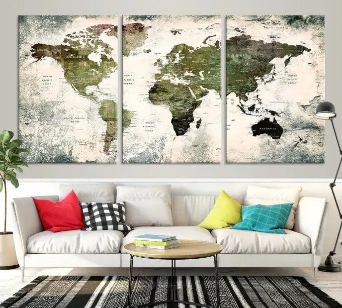 The World Map PUSH Pin Canvas Print, featuring a three-panel design on museum-quality polycotton canvas with a UV-protective coating, enhances the modern living room.