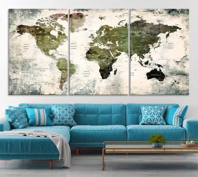 The World Map PUSH Pin Canvas Print, featuring a three-panel design on museum-quality polycotton canvas with a UV-protective coating, enhances the modern living room.