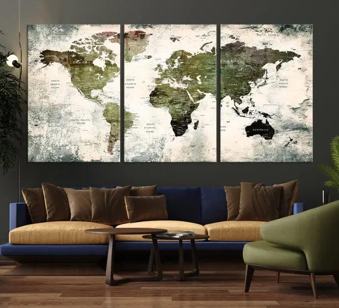 The World Map PUSH Pin Canvas Print, featuring a three-panel design on museum-quality polycotton canvas with a UV-protective coating, enhances the modern living room.