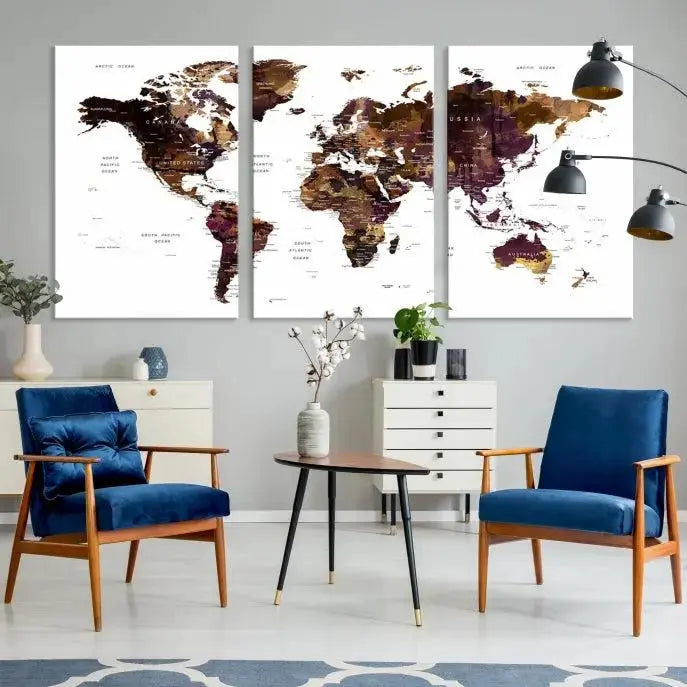 A three-panel World Map Painting Wall Art Canvas Print, crafted on museum-quality canvas with a UV-protective coating, is displayed in this modern living room. It's ready to hang, adding a sophisticated touch to the stylish space.