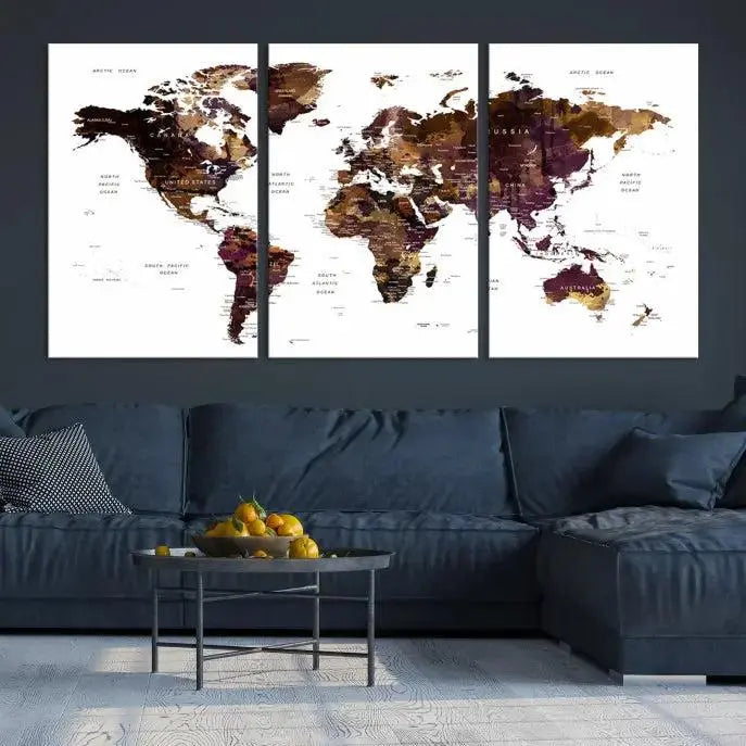 A three-panel World Map Painting Wall Art Canvas Print, crafted on museum-quality canvas with a UV-protective coating, is displayed in this modern living room. It's ready to hang, adding a sophisticated touch to the stylish space.