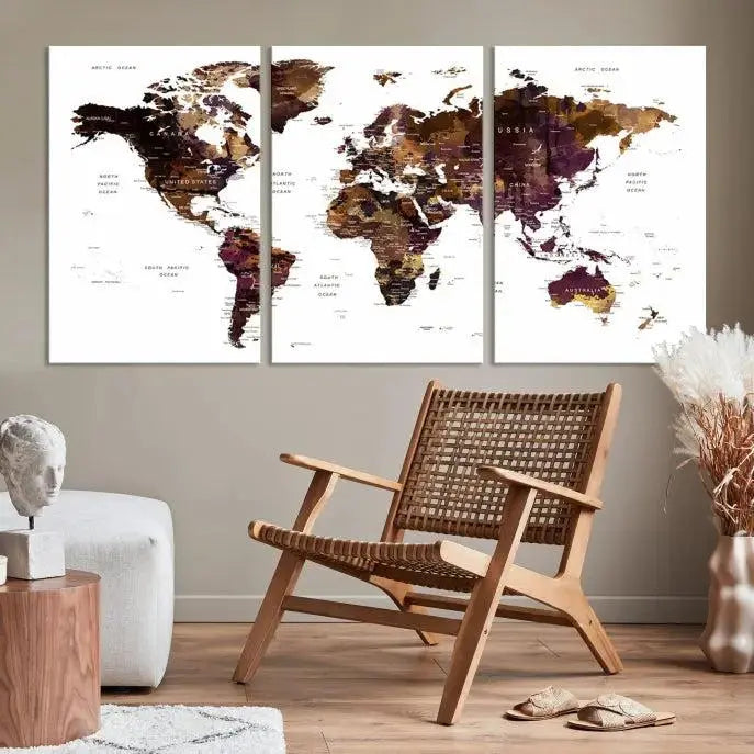 A three-panel World Map Painting Wall Art Canvas Print, crafted on museum-quality canvas with a UV-protective coating, is displayed in this modern living room. It's ready to hang, adding a sophisticated touch to the stylish space.