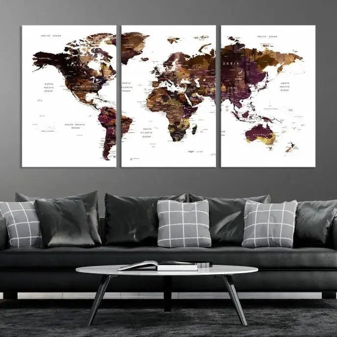 A three-panel World Map Painting Wall Art Canvas Print, crafted on museum-quality canvas with a UV-protective coating, is displayed in this modern living room. It's ready to hang, adding a sophisticated touch to the stylish space.