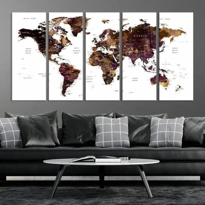 A three-panel World Map Painting Wall Art Canvas Print, crafted on museum-quality canvas with a UV-protective coating, is displayed in this modern living room. It's ready to hang, adding a sophisticated touch to the stylish space.