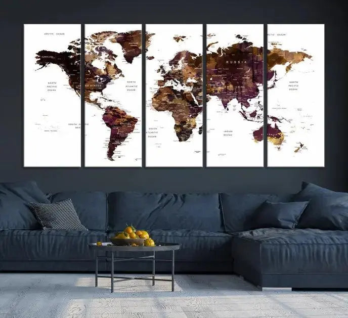 A three-panel World Map Painting Wall Art Canvas Print, crafted on museum-quality canvas with a UV-protective coating, is displayed in this modern living room. It's ready to hang, adding a sophisticated touch to the stylish space.