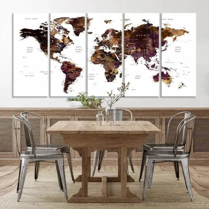 A three-panel World Map Painting Wall Art Canvas Print, crafted on museum-quality canvas with a UV-protective coating, is displayed in this modern living room. It's ready to hang, adding a sophisticated touch to the stylish space.