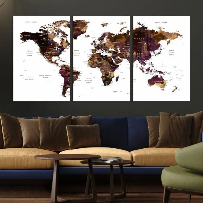 A three-panel World Map Painting Wall Art Canvas Print, crafted on museum-quality canvas with a UV-protective coating, is displayed in this modern living room. It's ready to hang, adding a sophisticated touch to the stylish space.