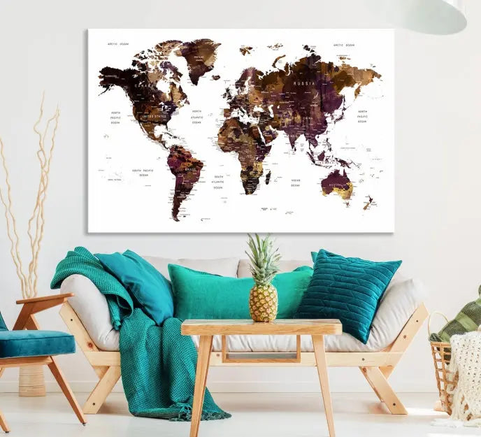 A three-panel World Map Painting Wall Art Canvas Print, crafted on museum-quality canvas with a UV-protective coating, is displayed in this modern living room. It's ready to hang, adding a sophisticated touch to the stylish space.