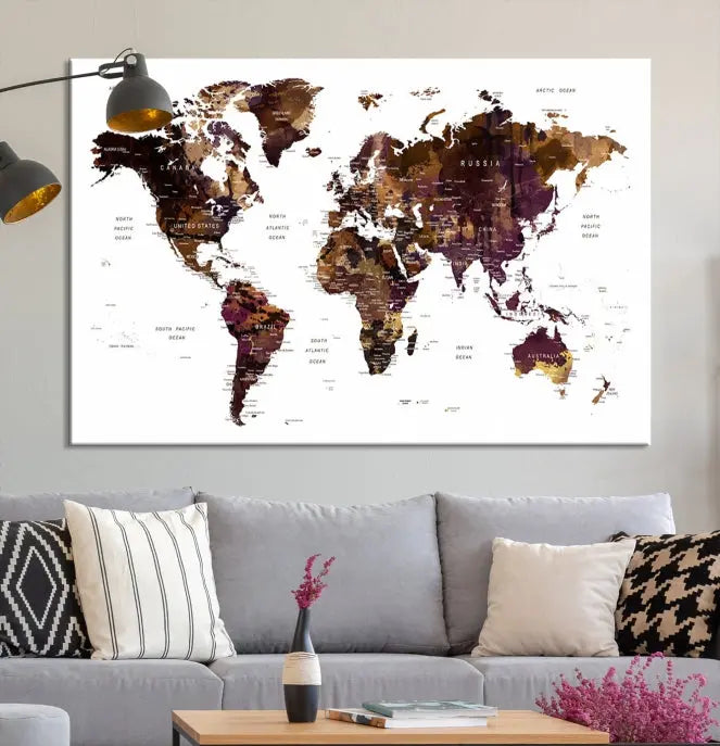 A three-panel World Map Painting Wall Art Canvas Print, crafted on museum-quality canvas with a UV-protective coating, is displayed in this modern living room. It's ready to hang, adding a sophisticated touch to the stylish space.