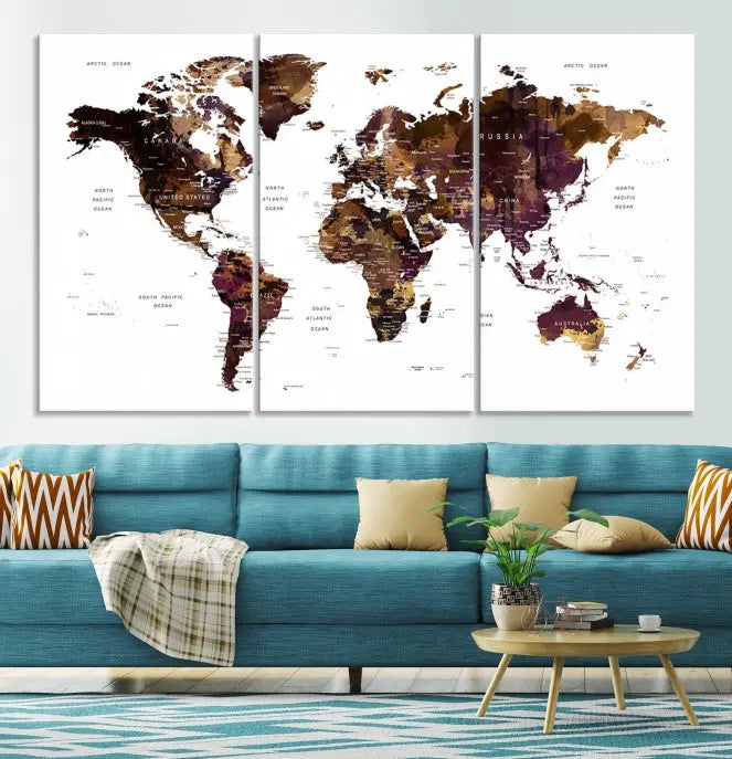 A three-panel World Map Painting Wall Art Canvas Print, crafted on museum-quality canvas with a UV-protective coating, is displayed in this modern living room. It's ready to hang, adding a sophisticated touch to the stylish space.