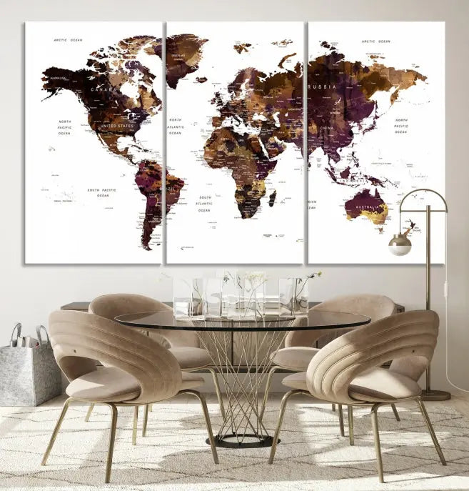 A three-panel World Map Painting Wall Art Canvas Print, crafted on museum-quality canvas with a UV-protective coating, is displayed in this modern living room. It's ready to hang, adding a sophisticated touch to the stylish space.