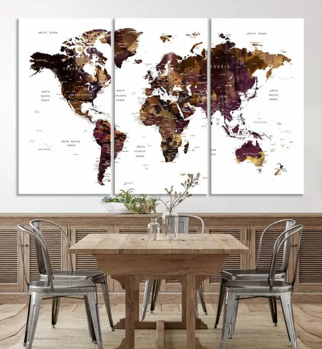 A three-panel World Map Painting Wall Art Canvas Print, crafted on museum-quality canvas with a UV-protective coating, is displayed in this modern living room. It's ready to hang, adding a sophisticated touch to the stylish space.