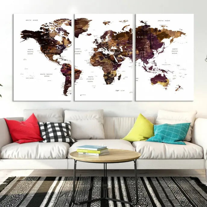 A three-panel World Map Painting Wall Art Canvas Print, crafted on museum-quality canvas with a UV-protective coating, is displayed in this modern living room. It's ready to hang, adding a sophisticated touch to the stylish space.