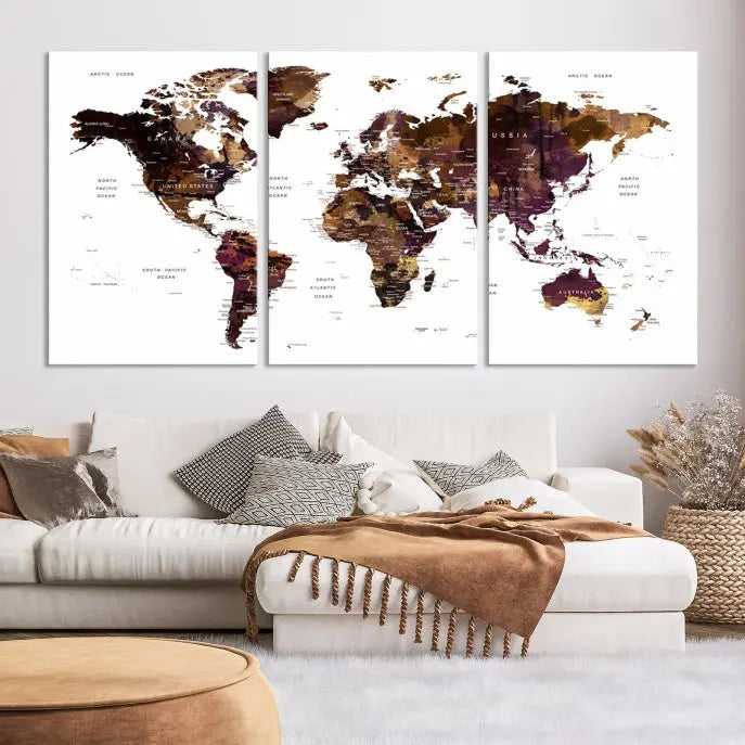 A three-panel World Map Painting Wall Art Canvas Print, crafted on museum-quality canvas with a UV-protective coating, is displayed in this modern living room. It's ready to hang, adding a sophisticated touch to the stylish space.