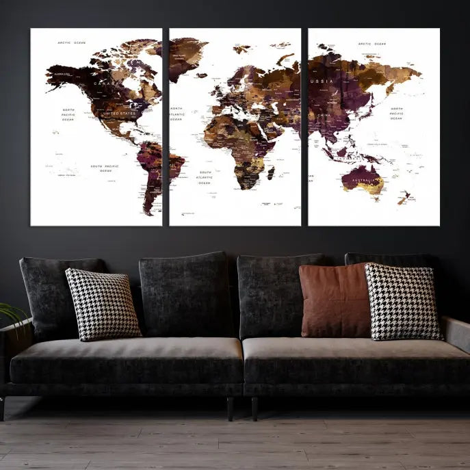 A three-panel World Map Painting Wall Art Canvas Print, crafted on museum-quality canvas with a UV-protective coating, is displayed in this modern living room. It's ready to hang, adding a sophisticated touch to the stylish space.