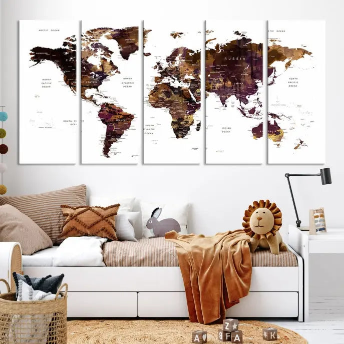 A three-panel World Map Painting Wall Art Canvas Print, crafted on museum-quality canvas with a UV-protective coating, is displayed in this modern living room. It's ready to hang, adding a sophisticated touch to the stylish space.