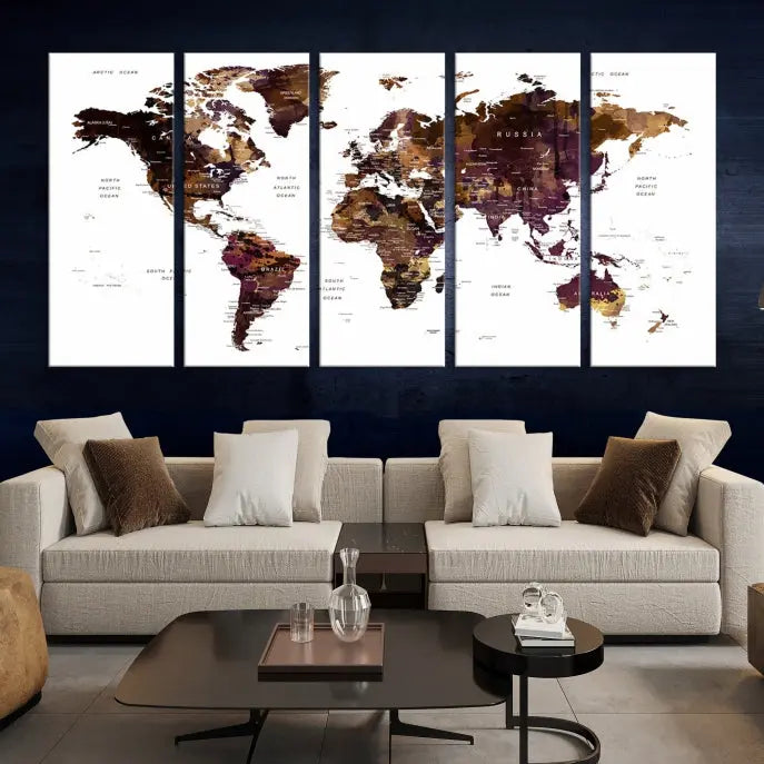 A three-panel World Map Painting Wall Art Canvas Print, crafted on museum-quality canvas with a UV-protective coating, is displayed in this modern living room. It's ready to hang, adding a sophisticated touch to the stylish space.