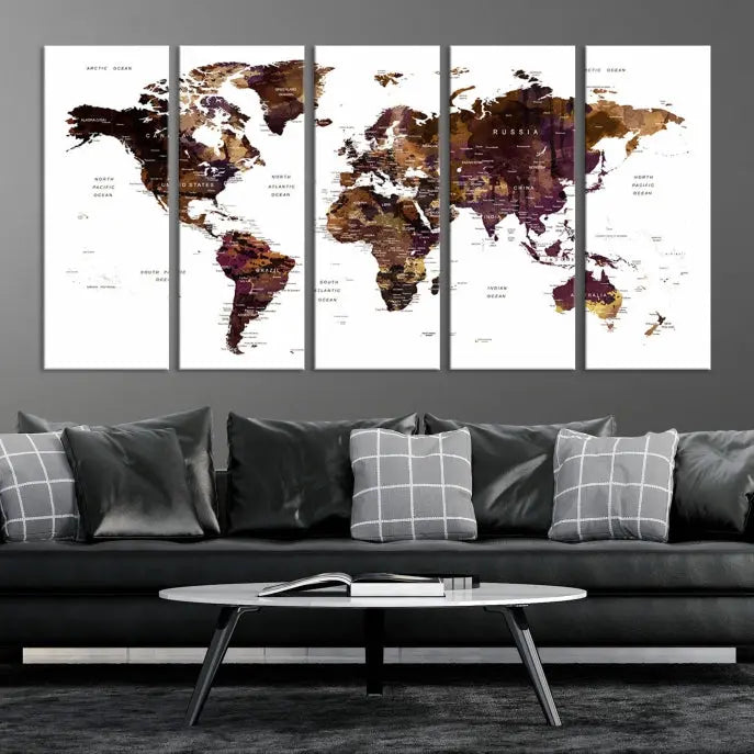 A three-panel World Map Painting Wall Art Canvas Print, crafted on museum-quality canvas with a UV-protective coating, is displayed in this modern living room. It's ready to hang, adding a sophisticated touch to the stylish space.