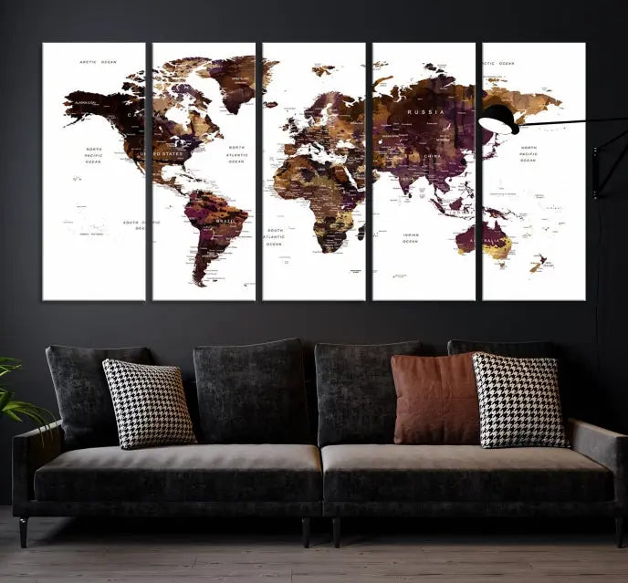 A three-panel World Map Painting Wall Art Canvas Print, crafted on museum-quality canvas with a UV-protective coating, is displayed in this modern living room. It's ready to hang, adding a sophisticated touch to the stylish space.