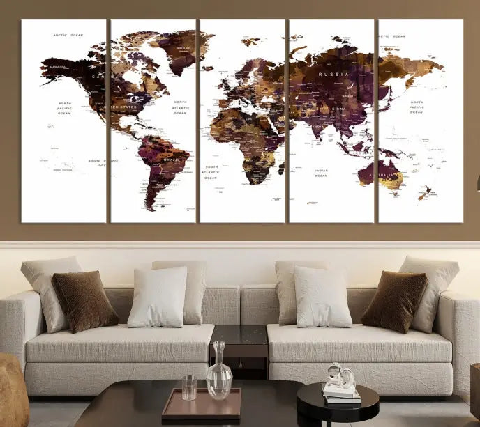 A three-panel World Map Painting Wall Art Canvas Print, crafted on museum-quality canvas with a UV-protective coating, is displayed in this modern living room. It's ready to hang, adding a sophisticated touch to the stylish space.