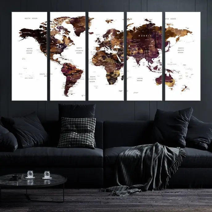 A three-panel World Map Painting Wall Art Canvas Print, crafted on museum-quality canvas with a UV-protective coating, is displayed in this modern living room. It's ready to hang, adding a sophisticated touch to the stylish space.