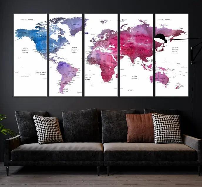 The striking World Map Push Pin Prints, featuring four panels in shades of blue and purple on museum-quality canvas, is a standout piece. This stunning wall art includes a UV-protective coating and offers free shipping, making it an unbeatable addition to your home decor.