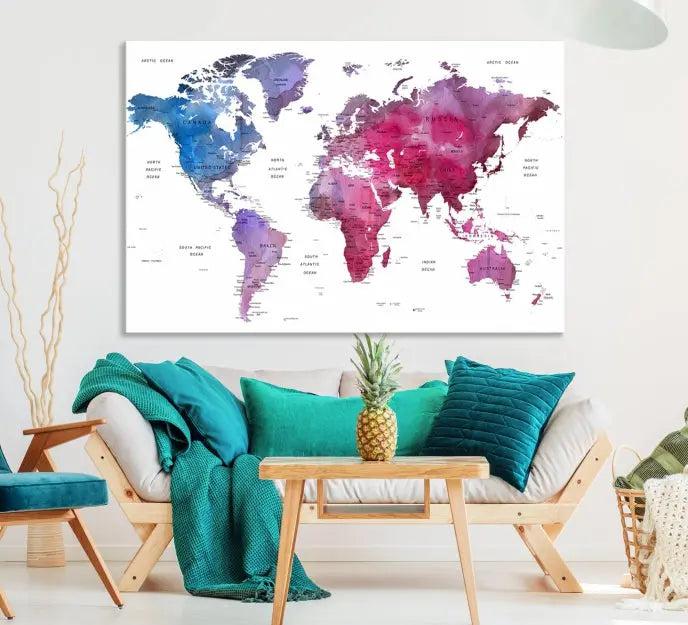 The striking World Map Push Pin Prints, featuring four panels in shades of blue and purple on museum-quality canvas, is a standout piece. This stunning wall art includes a UV-protective coating and offers free shipping, making it an unbeatable addition to your home decor.