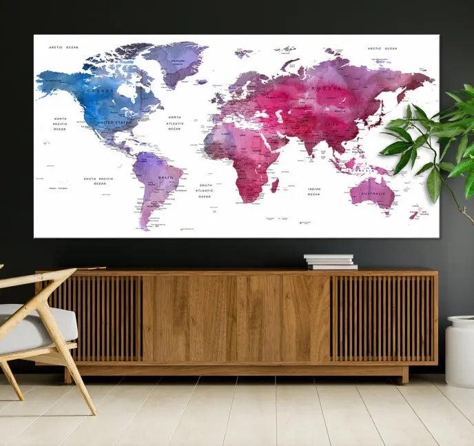 The striking World Map Push Pin Prints, featuring four panels in shades of blue and purple on museum-quality canvas, is a standout piece. This stunning wall art includes a UV-protective coating and offers free shipping, making it an unbeatable addition to your home decor.