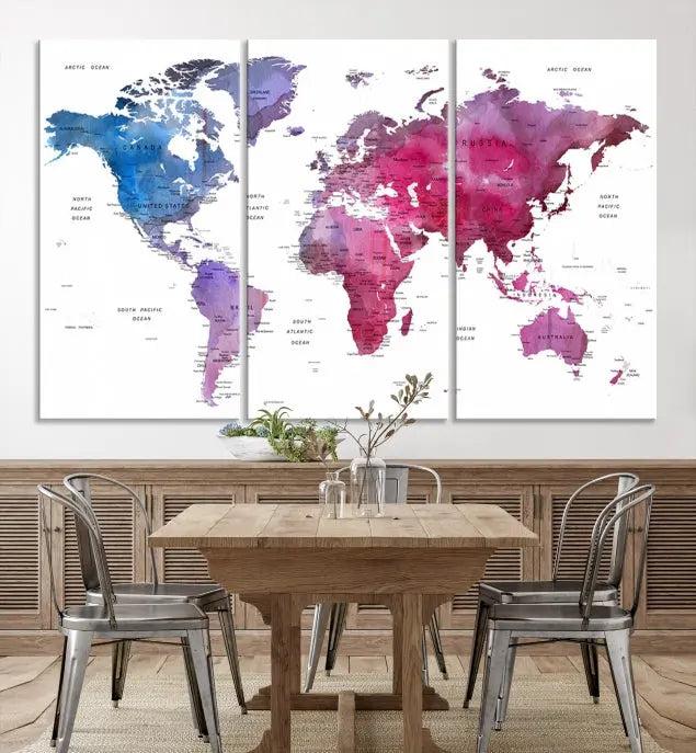 The striking World Map Push Pin Prints, featuring four panels in shades of blue and purple on museum-quality canvas, is a standout piece. This stunning wall art includes a UV-protective coating and offers free shipping, making it an unbeatable addition to your home decor.