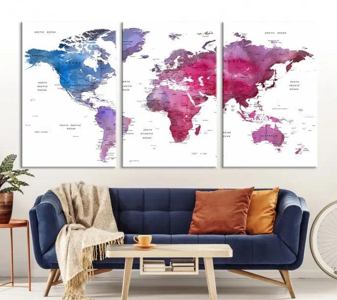 The striking World Map Push Pin Prints, featuring four panels in shades of blue and purple on museum-quality canvas, is a standout piece. This stunning wall art includes a UV-protective coating and offers free shipping, making it an unbeatable addition to your home decor.