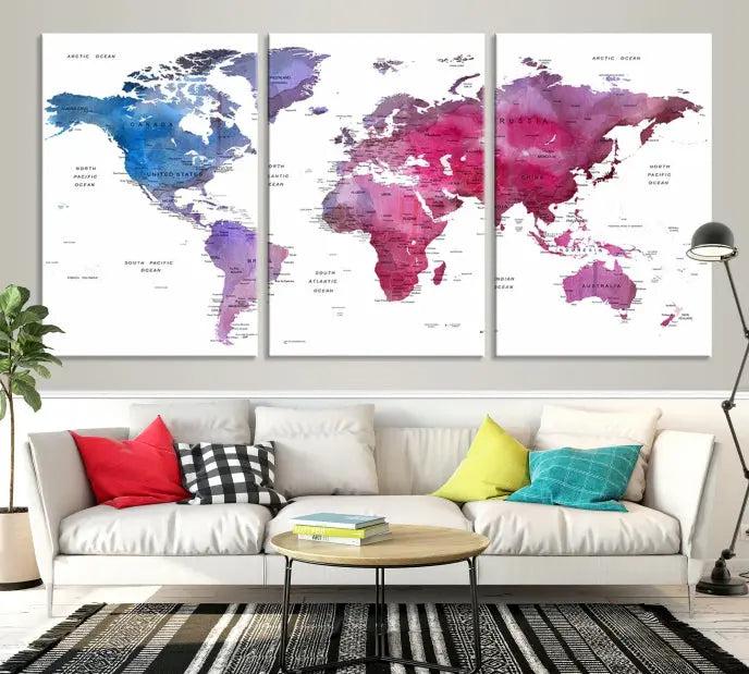 The striking World Map Push Pin Prints, featuring four panels in shades of blue and purple on museum-quality canvas, is a standout piece. This stunning wall art includes a UV-protective coating and offers free shipping, making it an unbeatable addition to your home decor.