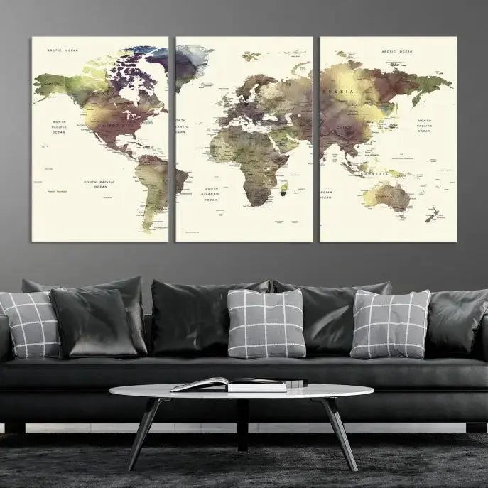 A World Map Push Pin Travel Lover Wall Art Canvas Print adorns the space, featuring a hand-assembled frame and a UV-protective coating for enduring appeal.