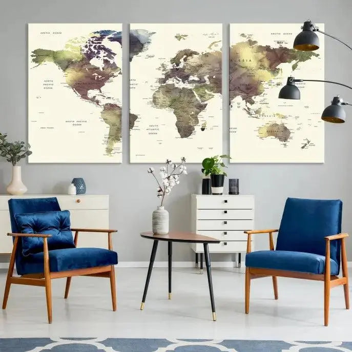 A World Map Push Pin Travel Lover Wall Art Canvas Print adorns the space, featuring a hand-assembled frame and a UV-protective coating for enduring appeal.