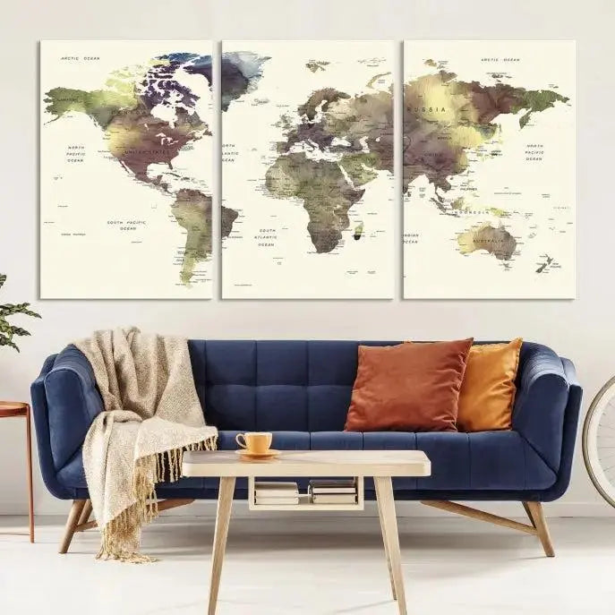 A World Map Push Pin Travel Lover Wall Art Canvas Print adorns the space, featuring a hand-assembled frame and a UV-protective coating for enduring appeal.