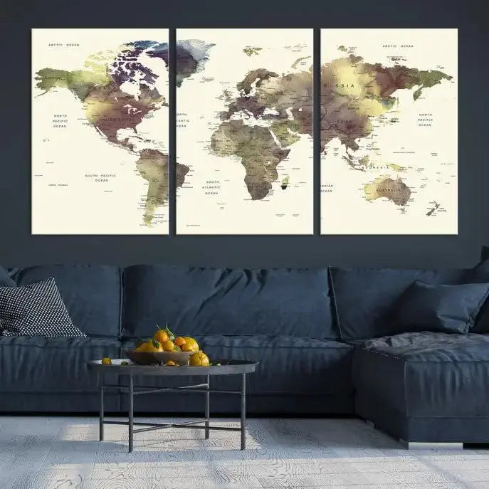 A World Map Push Pin Travel Lover Wall Art Canvas Print adorns the space, featuring a hand-assembled frame and a UV-protective coating for enduring appeal.