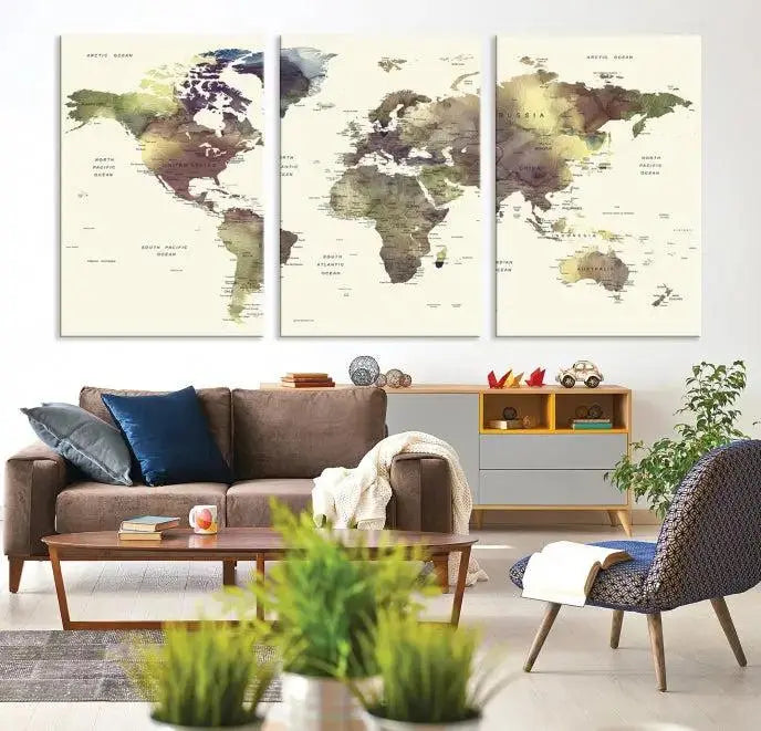 A World Map Push Pin Travel Lover Wall Art Canvas Print adorns the space, featuring a hand-assembled frame and a UV-protective coating for enduring appeal.