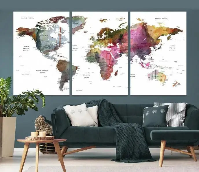 The "World Map Push Pin Travel Lover Wall Art Canvas Print" embellishes the space with its museum-quality canvas and UV-protective coating, bringing sophistication to your decor. It's ready to hang right away.