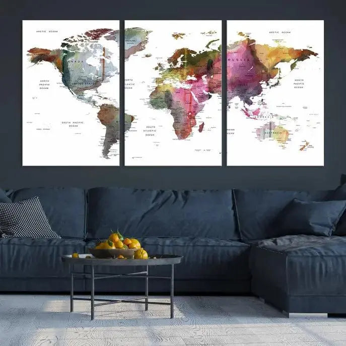 The "World Map Push Pin Travel Lover Wall Art Canvas Print" embellishes the space with its museum-quality canvas and UV-protective coating, bringing sophistication to your decor. It's ready to hang right away.