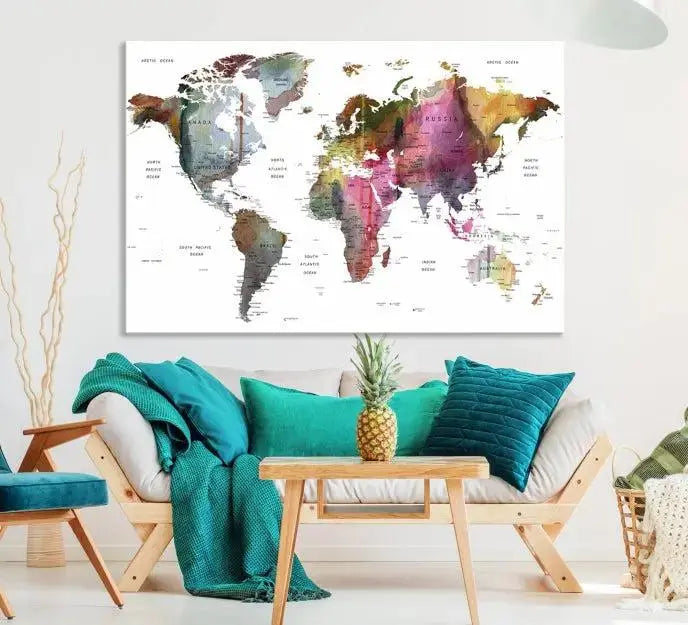 The "World Map Push Pin Travel Lover Wall Art Canvas Print" embellishes the space with its museum-quality canvas and UV-protective coating, bringing sophistication to your decor. It's ready to hang right away.