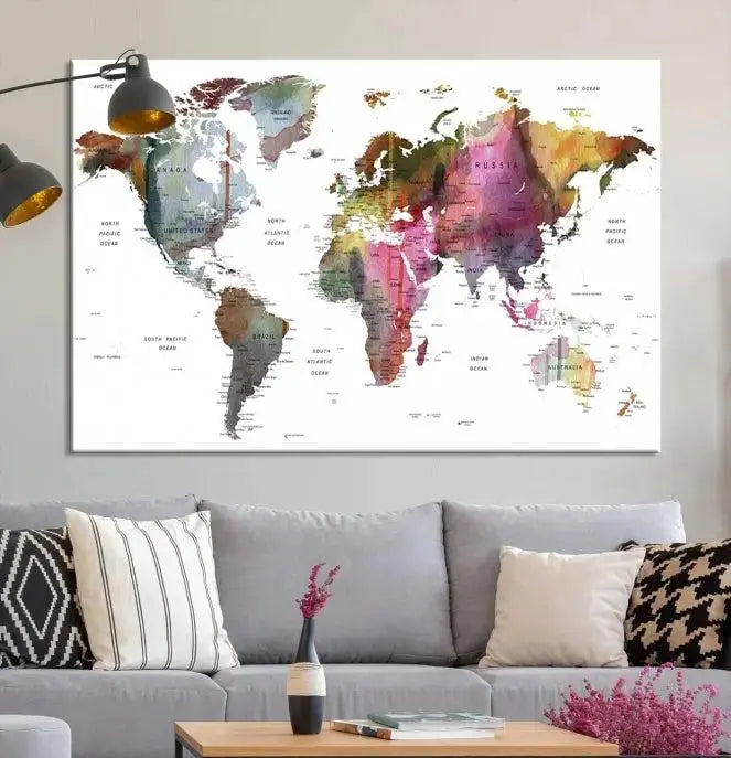 The "World Map Push Pin Travel Lover Wall Art Canvas Print" embellishes the space with its museum-quality canvas and UV-protective coating, bringing sophistication to your decor. It's ready to hang right away.