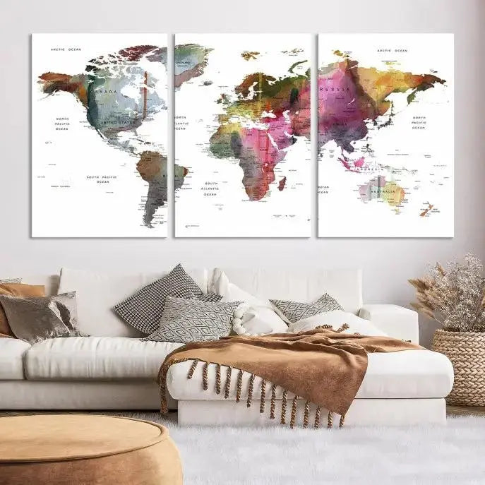 World Map Push Pin Travel Lover Wall Art Canvas Print 