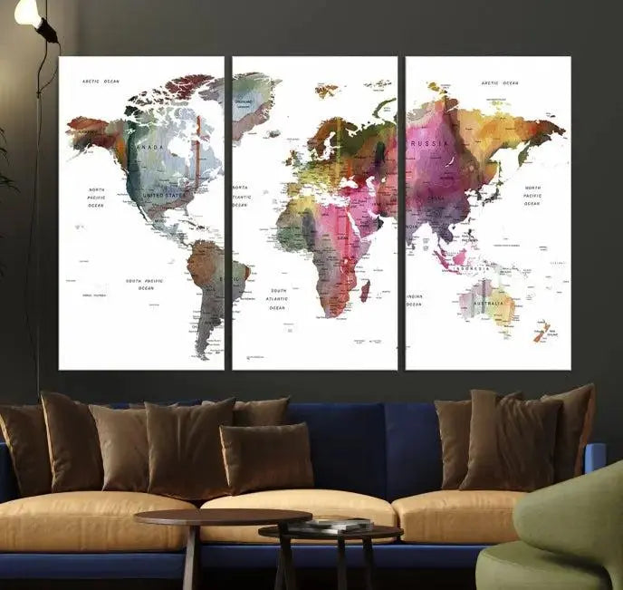 World Map Push Pin Travel Lover Wall Art Canvas Print 