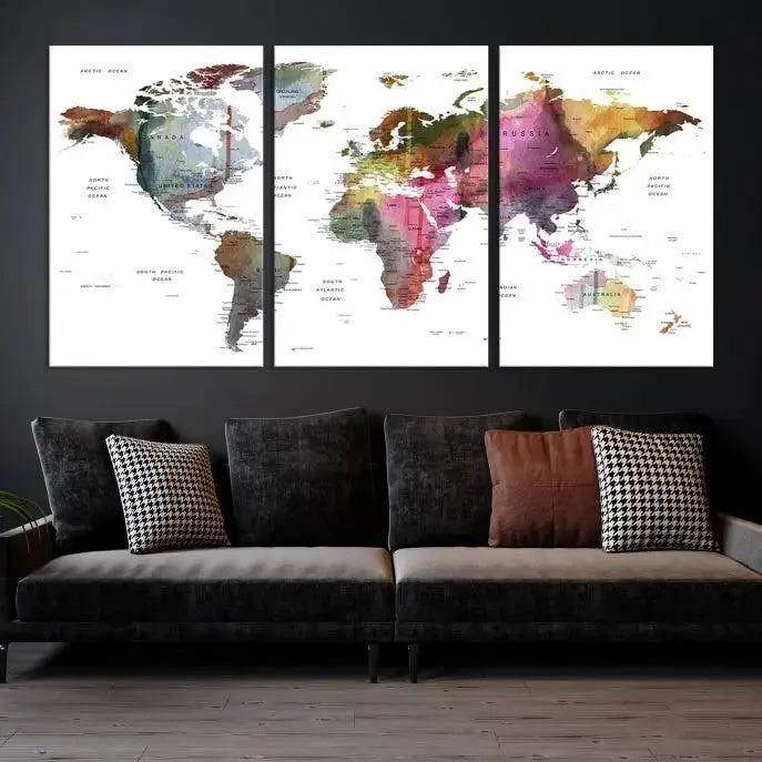 World Map Push Pin Travel Lover Wall Art Canvas Print 