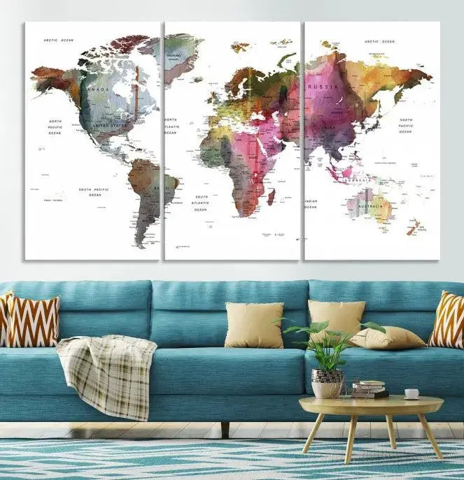 World Map Push Pin Travel Lover Wall Art Canvas Print 