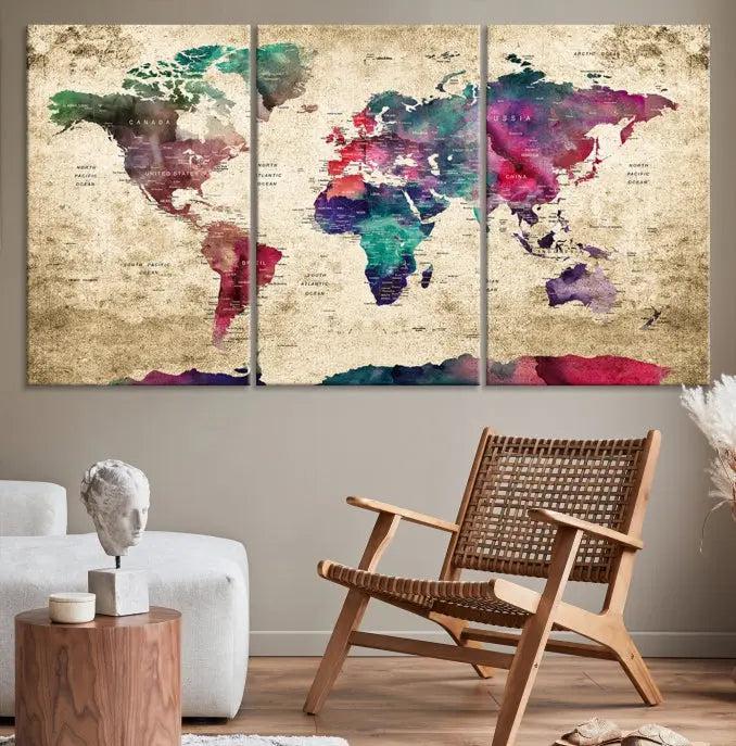 The "World Map Push Pin Wall Art Canvas Print" offers an exquisite touch of art with its museum-quality triptych design. This hand-assembled piece also comes with the added convenience of free shipping.